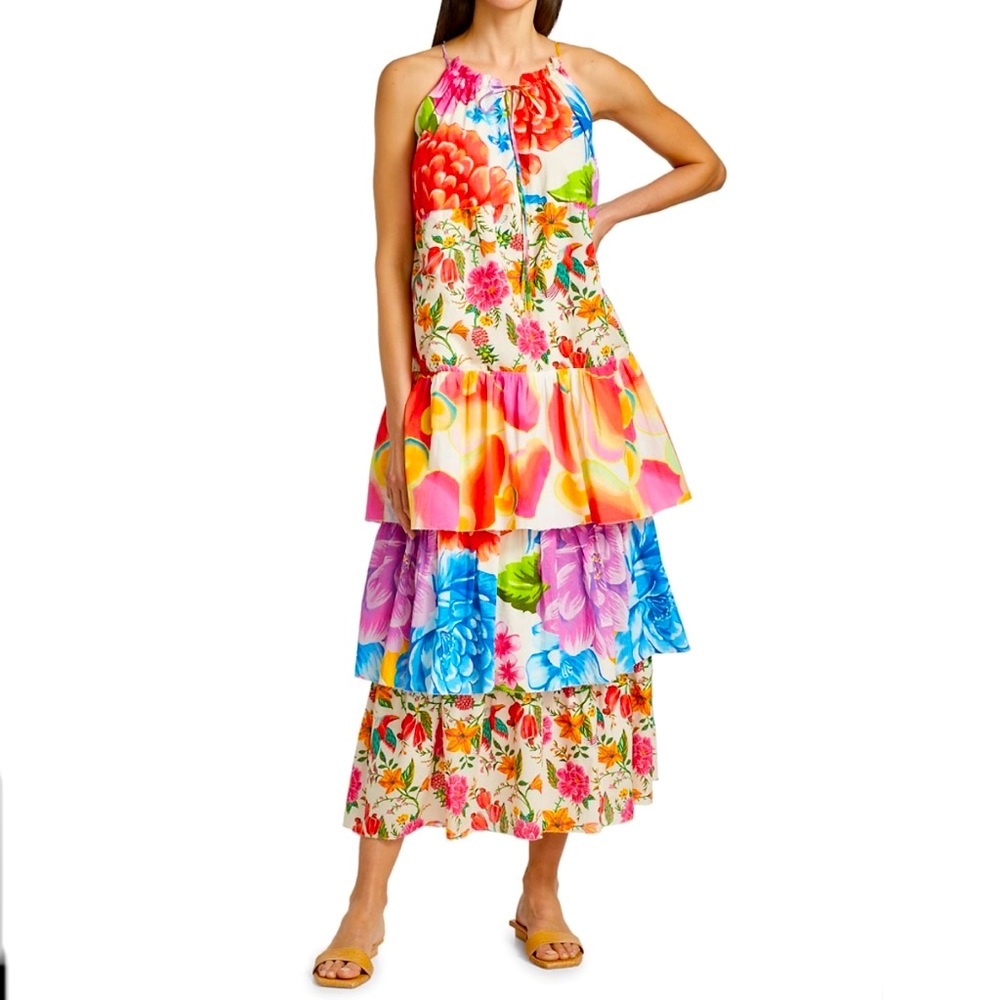 🍍FARM Rio White Mixed Prints Tiered Maxi Dress